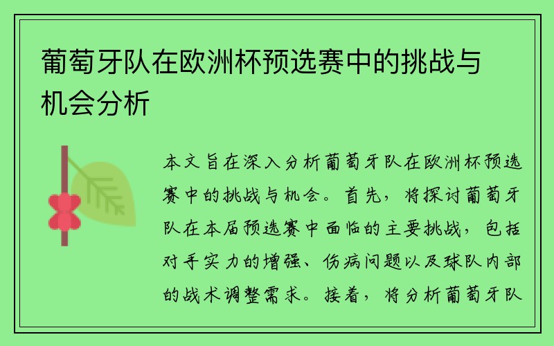 葡萄牙队在欧洲杯预选赛中的挑战与机会分析