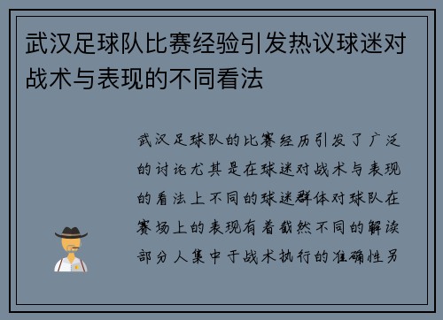 武汉足球队比赛经验引发热议球迷对战术与表现的不同看法