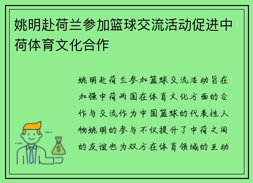 姚明赴荷兰参加篮球交流活动促进中荷体育文化合作